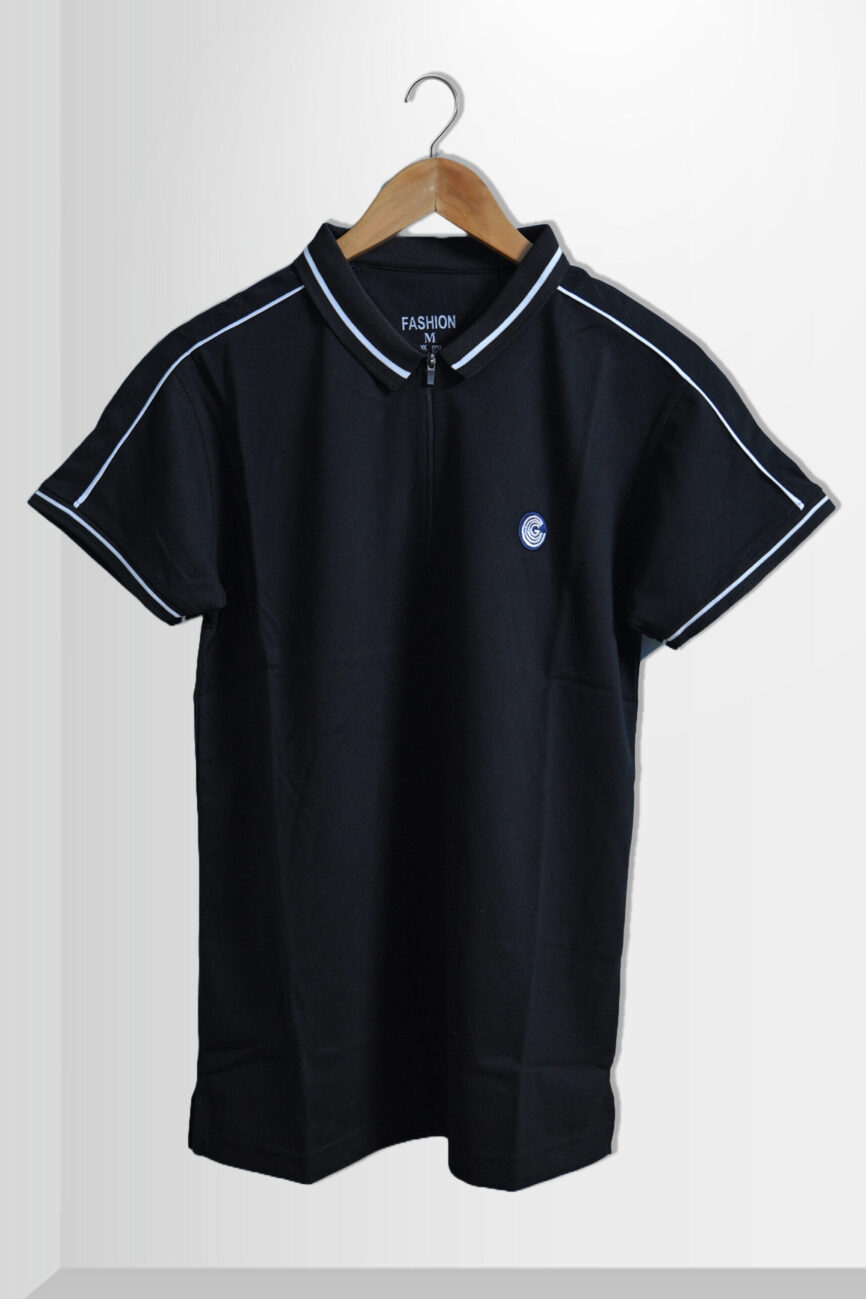 MEN'S POLO ZIPPER T.SHIRT BLACK FRONT